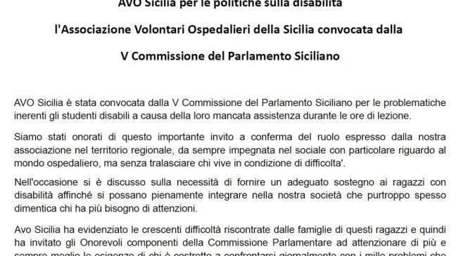 AVO Sicilia per le politiche sulla disabilità – convocati dalla V Commissione del Parlamento Siciliano